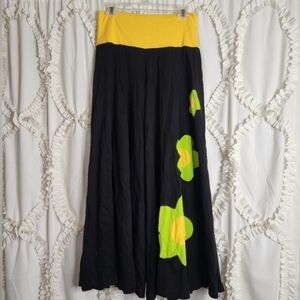 Xtra Wide Leg Boho Hippie Pants Black Neon Green Yellow Size M 100% Cotton